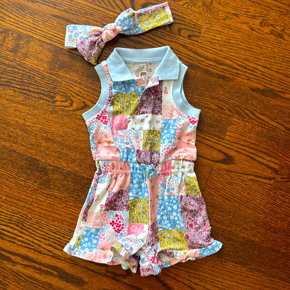 *5/$20 or 3/$15* Patchwork Print Baby Polo Romper with Headband